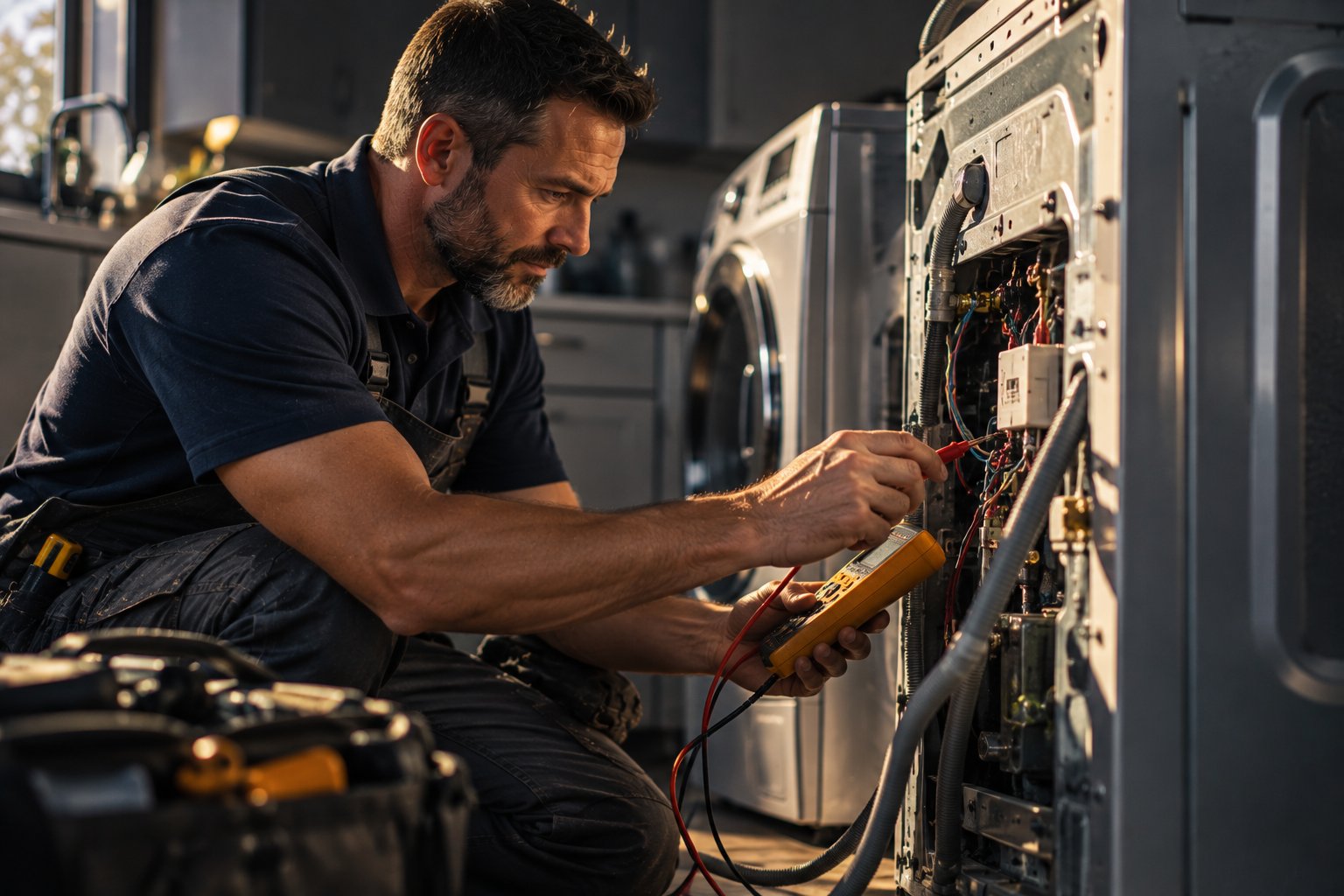 A U.S. military veteran working as an appliance repair technician testing the back of a washing machine with a meter