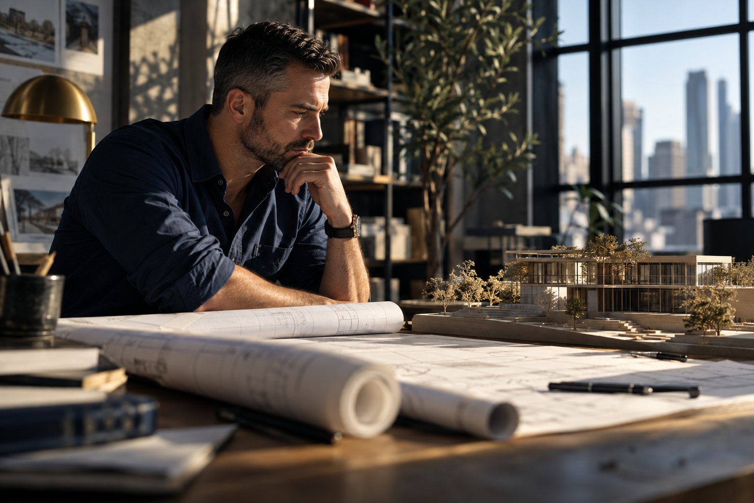 A U.S. military veteran working as an architect studying a scale model and rolled drawings in a daylit studio