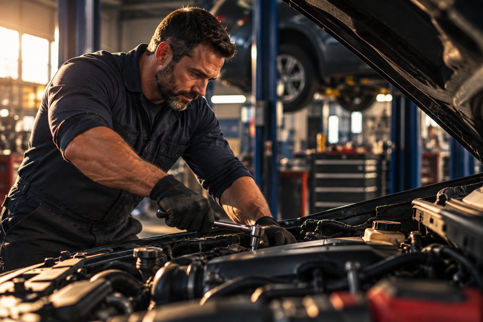 A U.S. military veteran working as an auto mechanic under the hood of a car on a lift in a clean shop