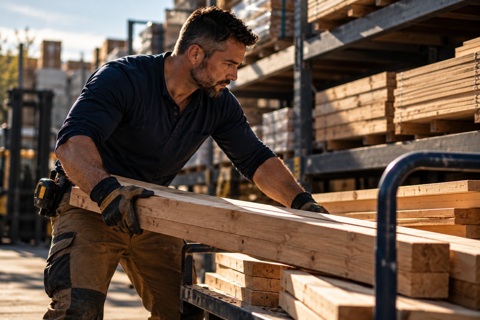 A U.S. military veteran working as a building supply worker loading lumber onto a cart in a yard