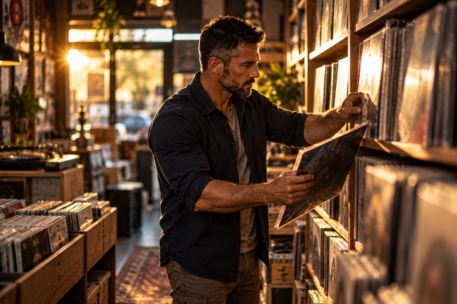 A U.S. military veteran working as a shopkeeper shelving records in a narrow independent record store