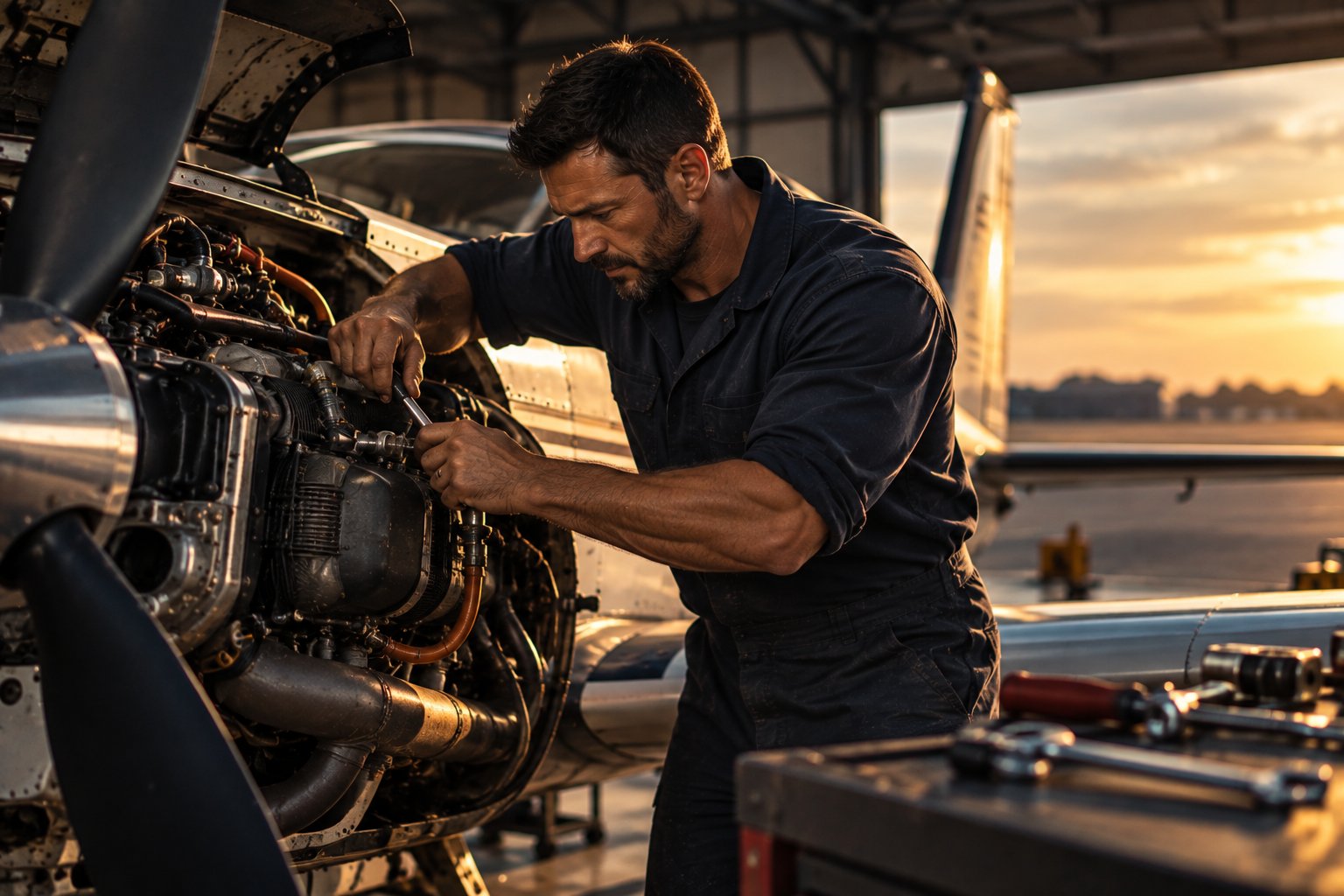 A U.S. military veteran working as an aircraft mechanic working on a small plane engine in an open hangar