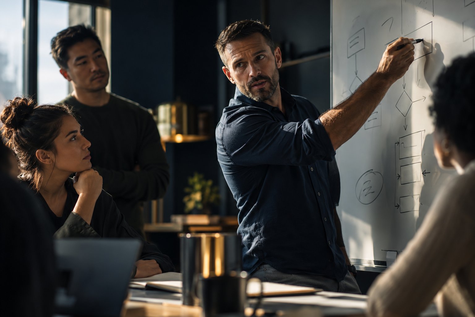 A U.S. military veteran working as a management consultant at a whiteboard mapping a process for a small team