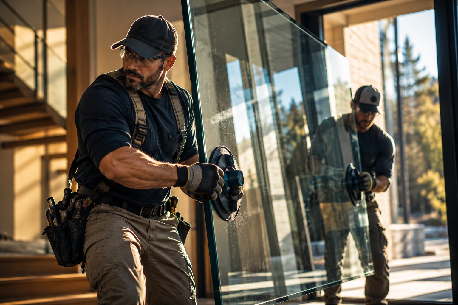 A U.S. military veteran working as a glazier carrying a large pane of glass into a house with suction handles