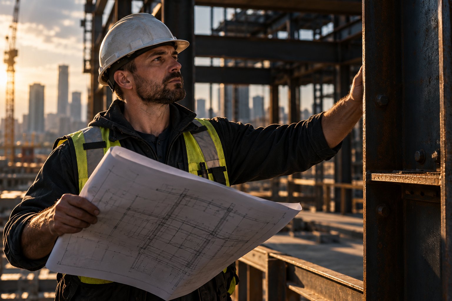 A U.S. military veteran working as a structural engineer checking drawings against steel framing on a job site