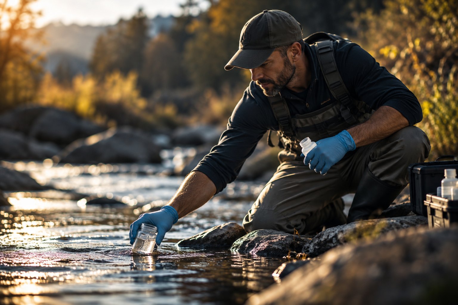 A U.S. military veteran working as an environmental technician taking a water sample at the edge of a creek