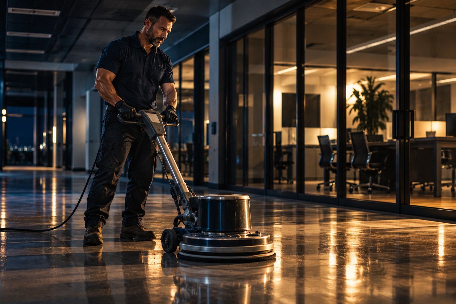 A U.S. military veteran working as a commercial cleaner buffing the floor of an empty office at night