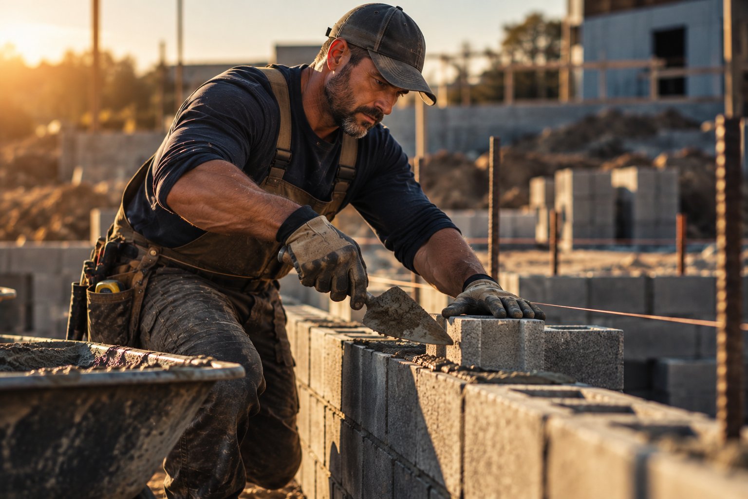 A U.S. military veteran working as a mason laying block on a foundation wall with a trowel and line