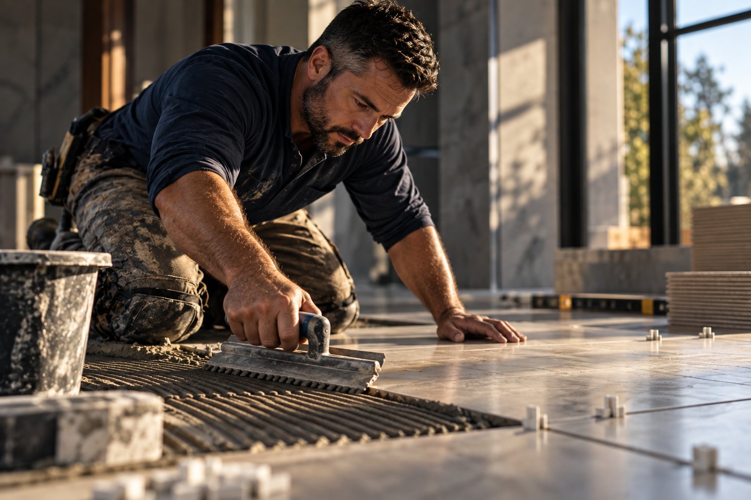 A U.S. military veteran working as a tile setter laying large format tile with a trowel and spacers