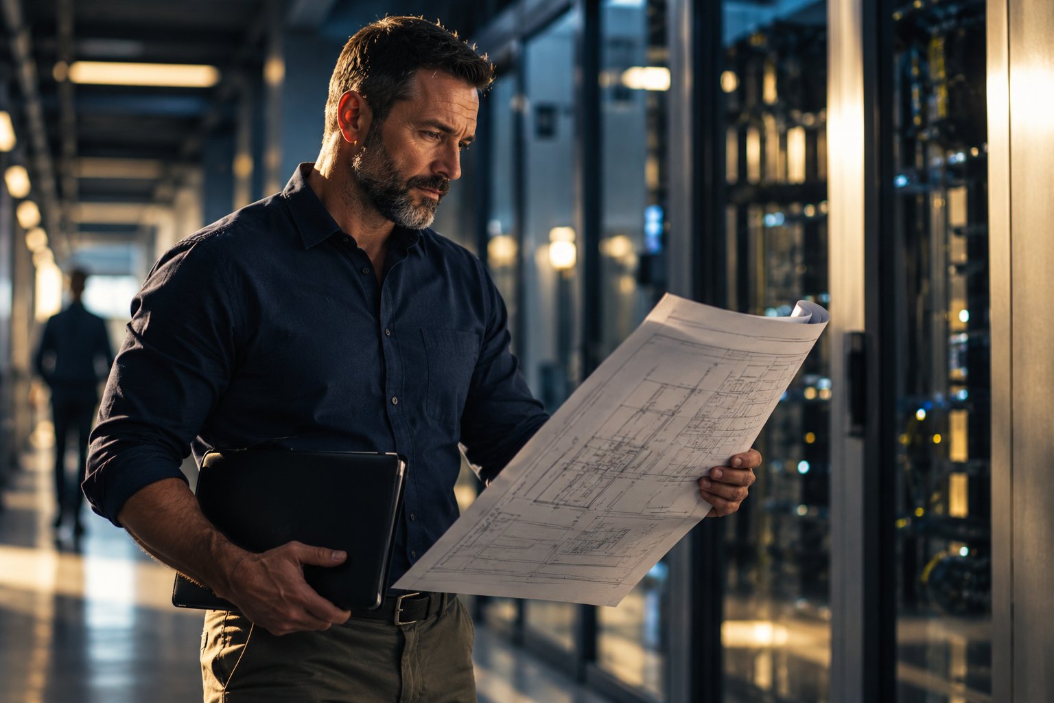 A U.S. military veteran working as a program manager reviewing technical schematics in a secure facility corridor