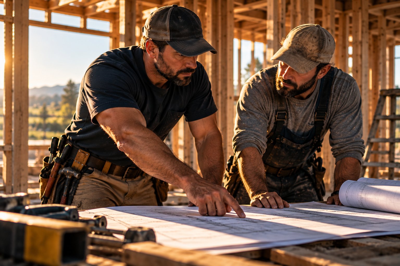 A U.S. military veteran working as a general contractor reviewing plans with a framer inside a house under construction