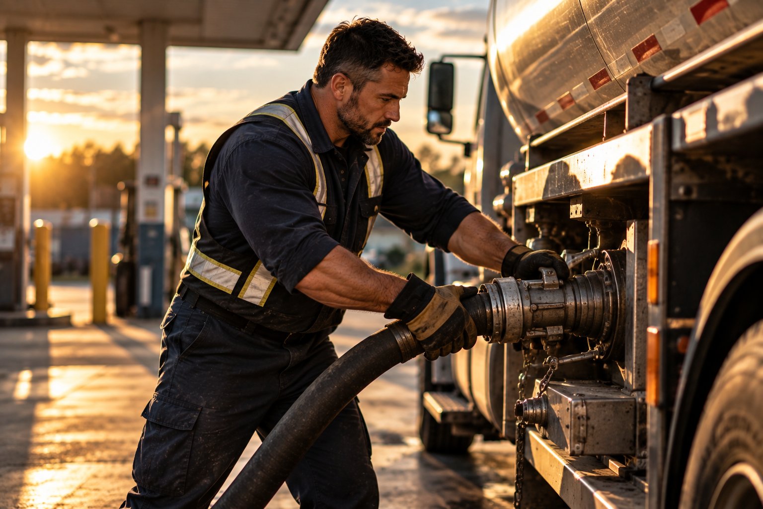 A U.S. military veteran working as a fuel delivery driver connecting a hose at a service station tank