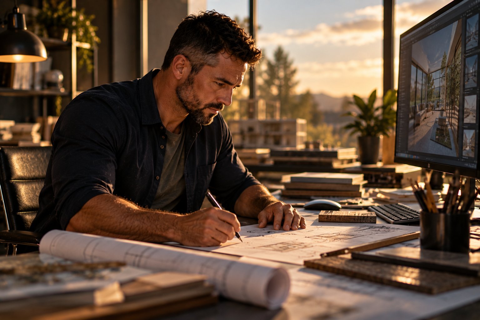 A U.S. military veteran working as a designer sketching layout ideas beside a large monitor in a quiet studio