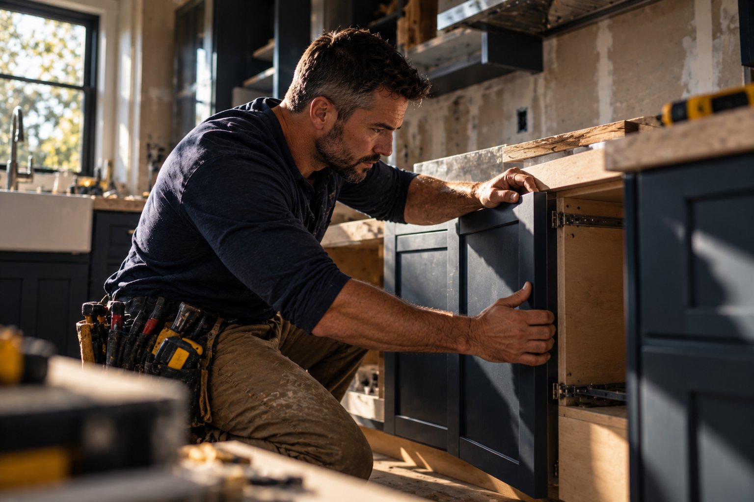 A U.S. military veteran working as a remodeler fitting new cabinetry in a half finished kitchen