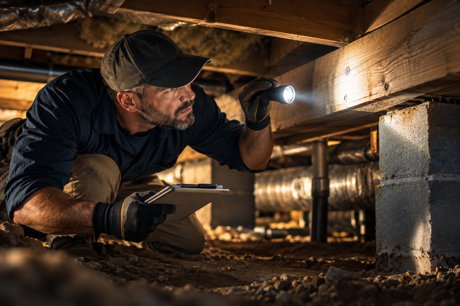 A U.S. military veteran working as a home inspector checking a crawlspace beam with a flashlight and notepad