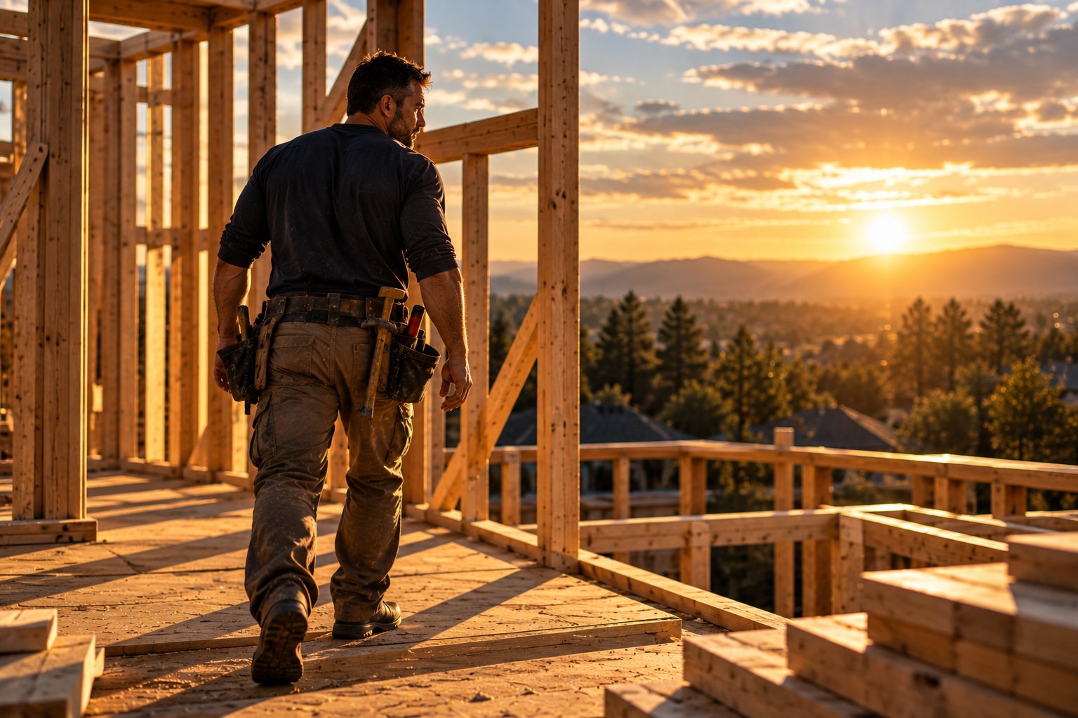 A U.S. military veteran working as a builder walking the framed second floor of a new house at golden hour