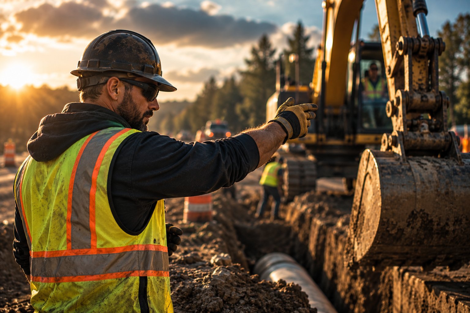 A U.S. military veteran working as a site supervisor directing an excavator on a road construction project