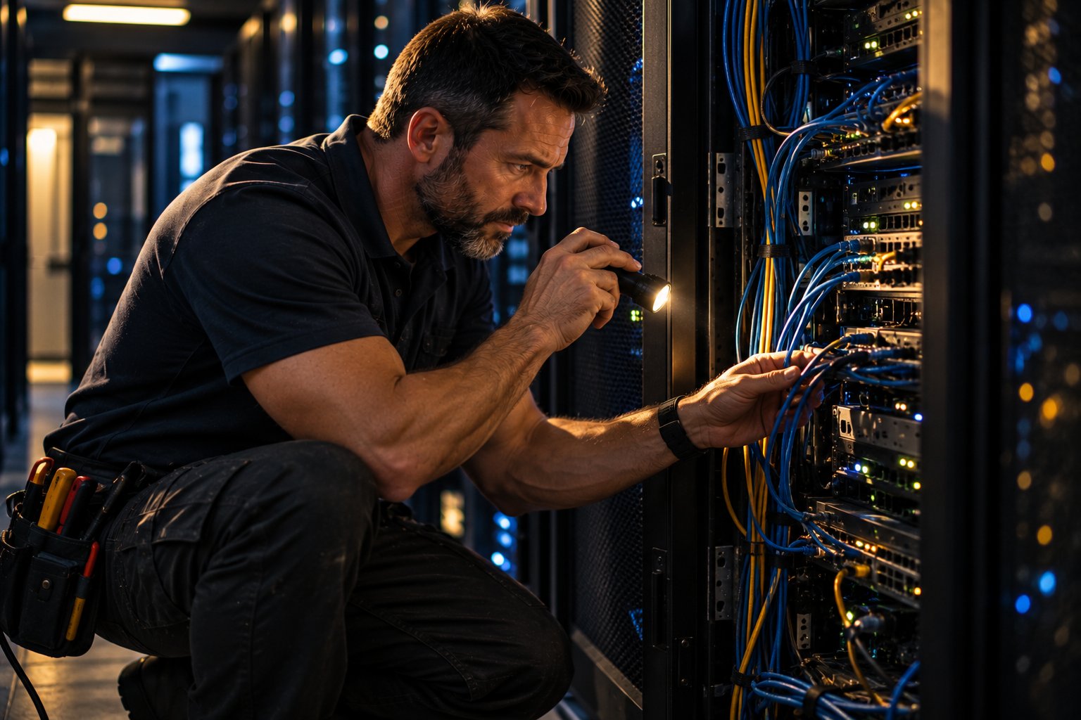 A U.S. military veteran working as an IT technician tracing cables in a server rack lit by equipment LEDs
