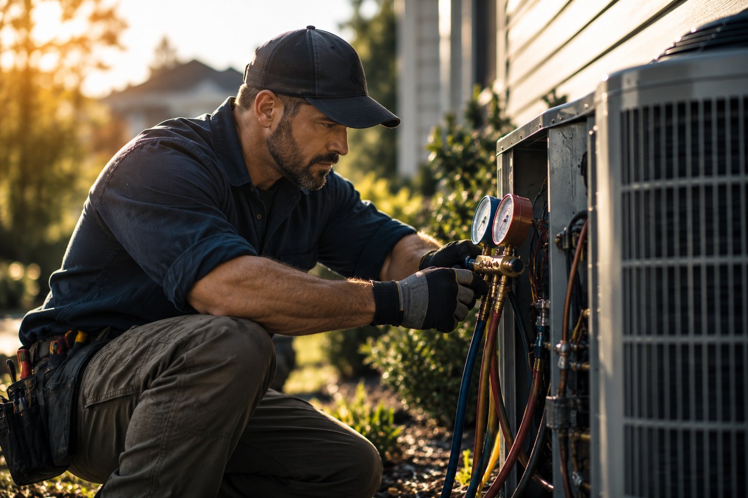 A U.S. military veteran working as an HVAC technician servicing a condenser unit beside a house with gauges attached