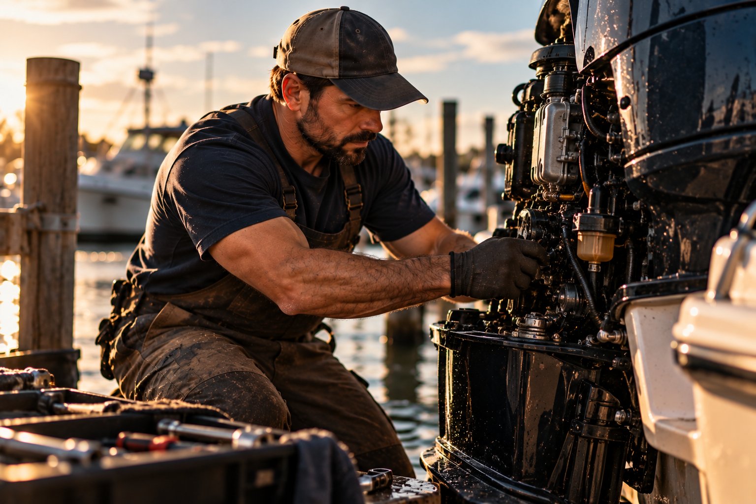 A U.S. military veteran working as a marine technician servicing an outboard motor at a boat dock