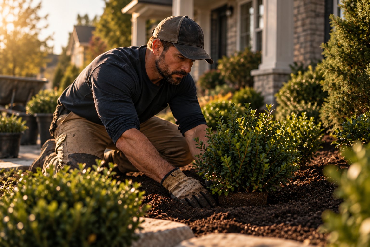 A U.S. military veteran working as a landscaper planting shrubs along a fresh mulch bed in a front yard