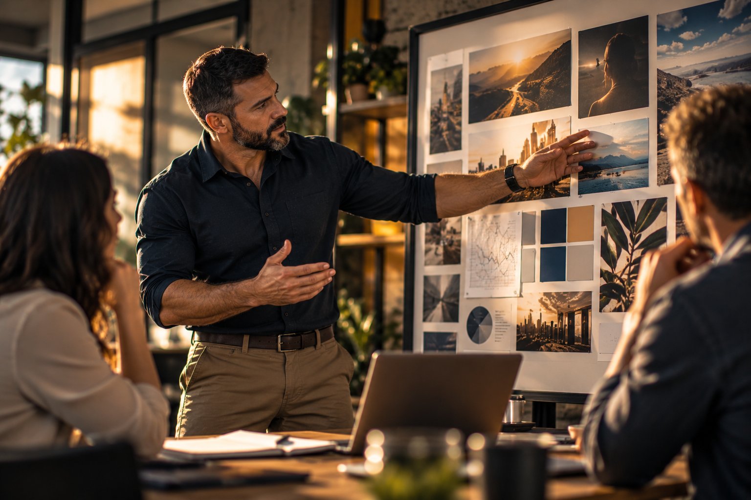 A U.S. military veteran working as a marketing strategist presenting a campaign board to two colleagues