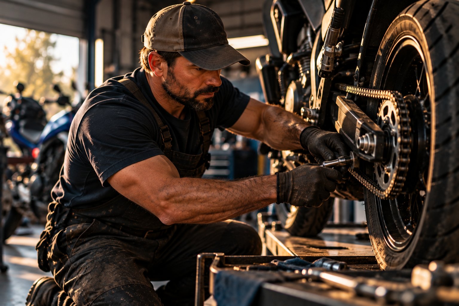 A U.S. military veteran working as a motorcycle technician adjusting a chain on a bike in a powersports shop