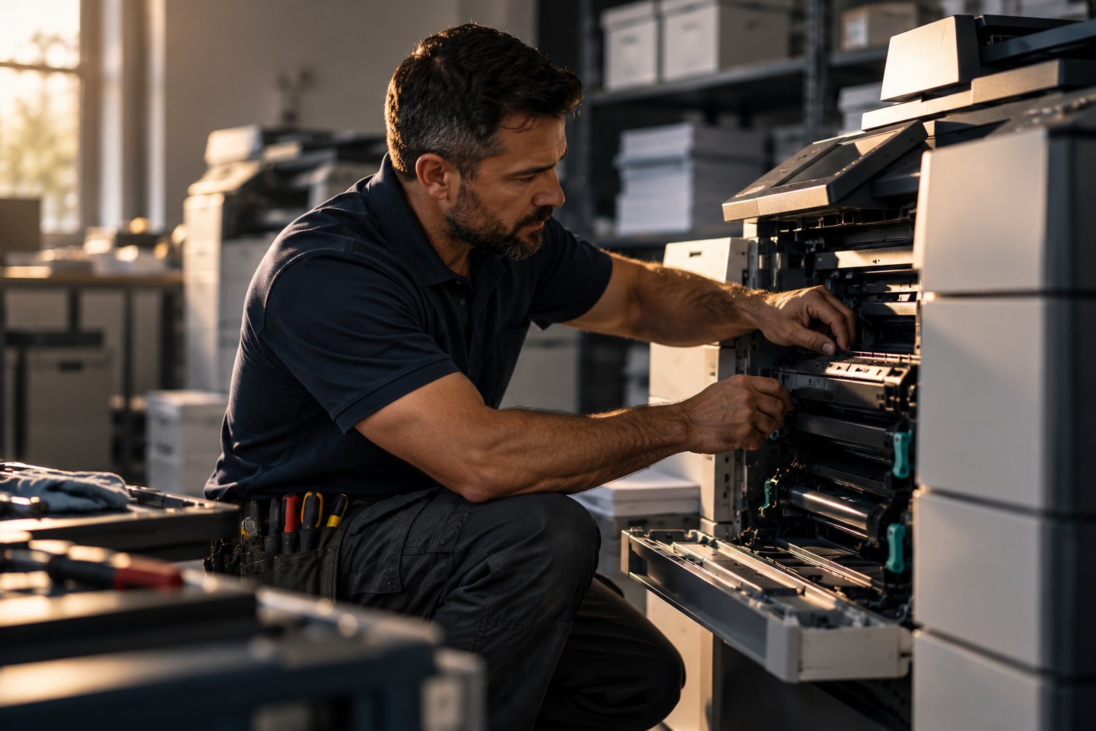 A U.S. military veteran working as a business equipment supplier servicing a large office copier in a workroom