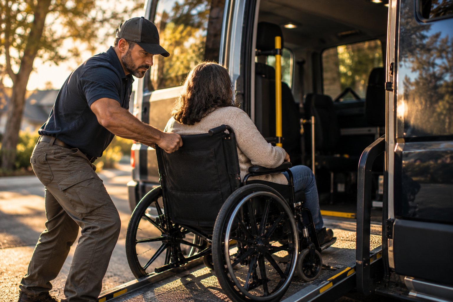 A U.S. military veteran working as a driver helping a passenger board a wheelchair accessible van