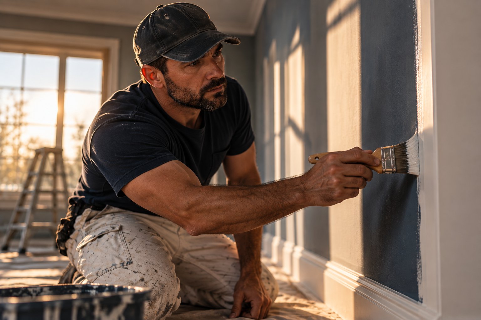 A U.S. military veteran working as a painter cutting a clean edge along a wall with a brush in an empty room