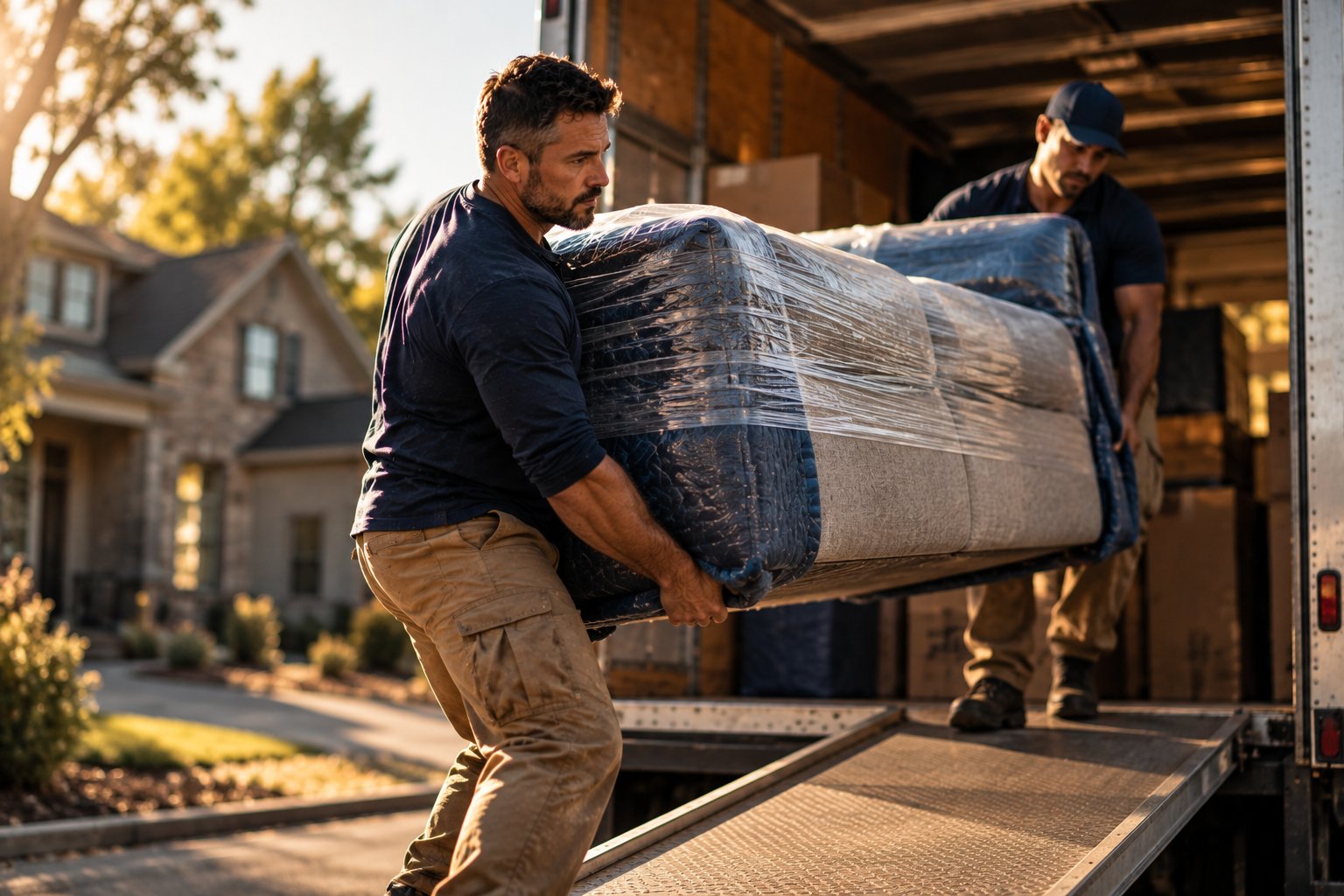 A U.S. military veteran working as a mover carrying a wrapped sofa down the ramp of a box truck