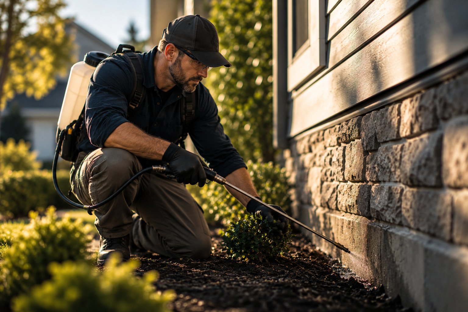 A U.S. military veteran working as a pest control technician treating a home foundation line with a sprayer