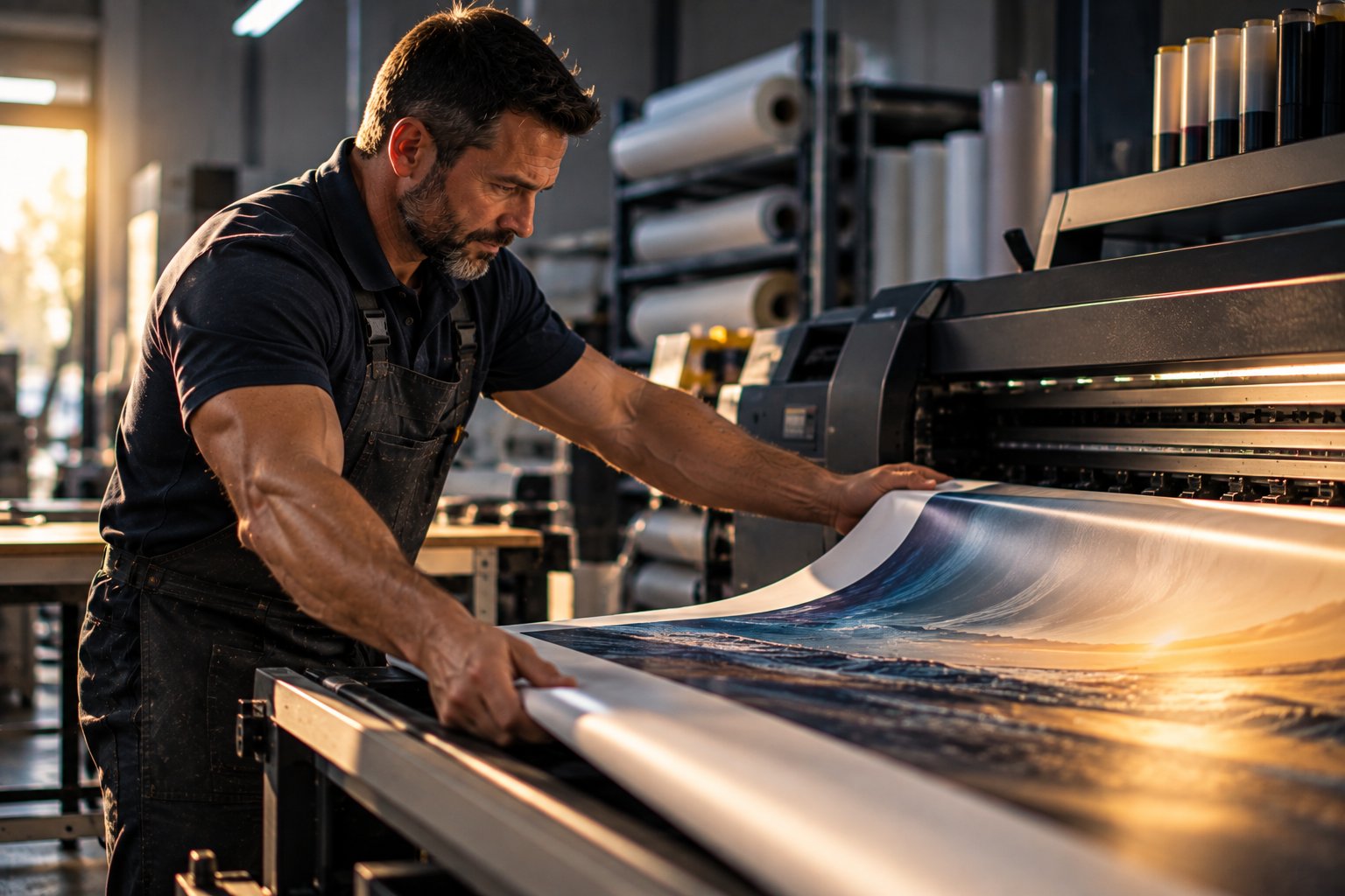 A U.S. military veteran working as a print shop operator pulling a finished banner off a wide format printer