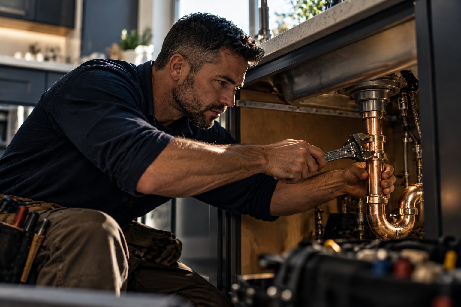 A U.S. military veteran working as a plumber fitting copper pipe under a kitchen sink with a wrench