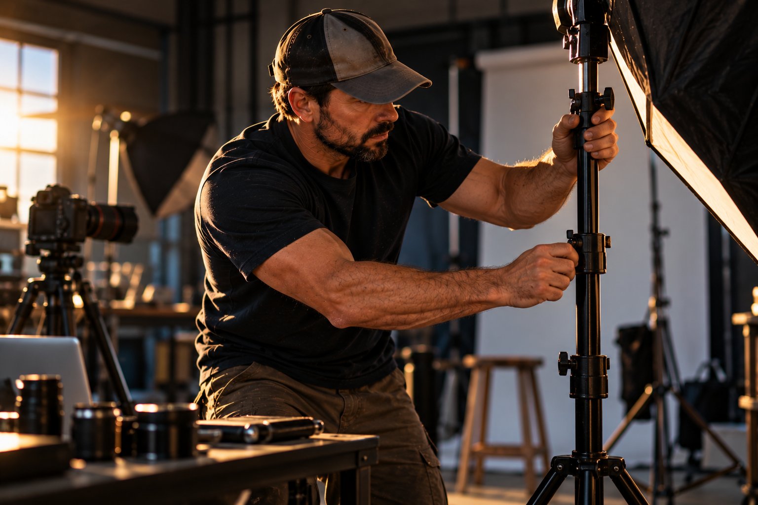 A U.S. military veteran working as a photographer adjusting a light stand on a small studio set