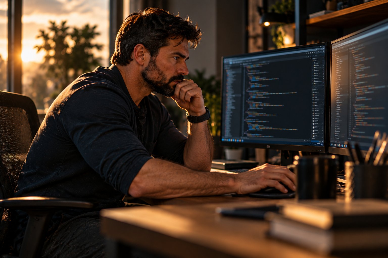 A U.S. military veteran working as a software developer at a two monitor desk reviewing code late in the day