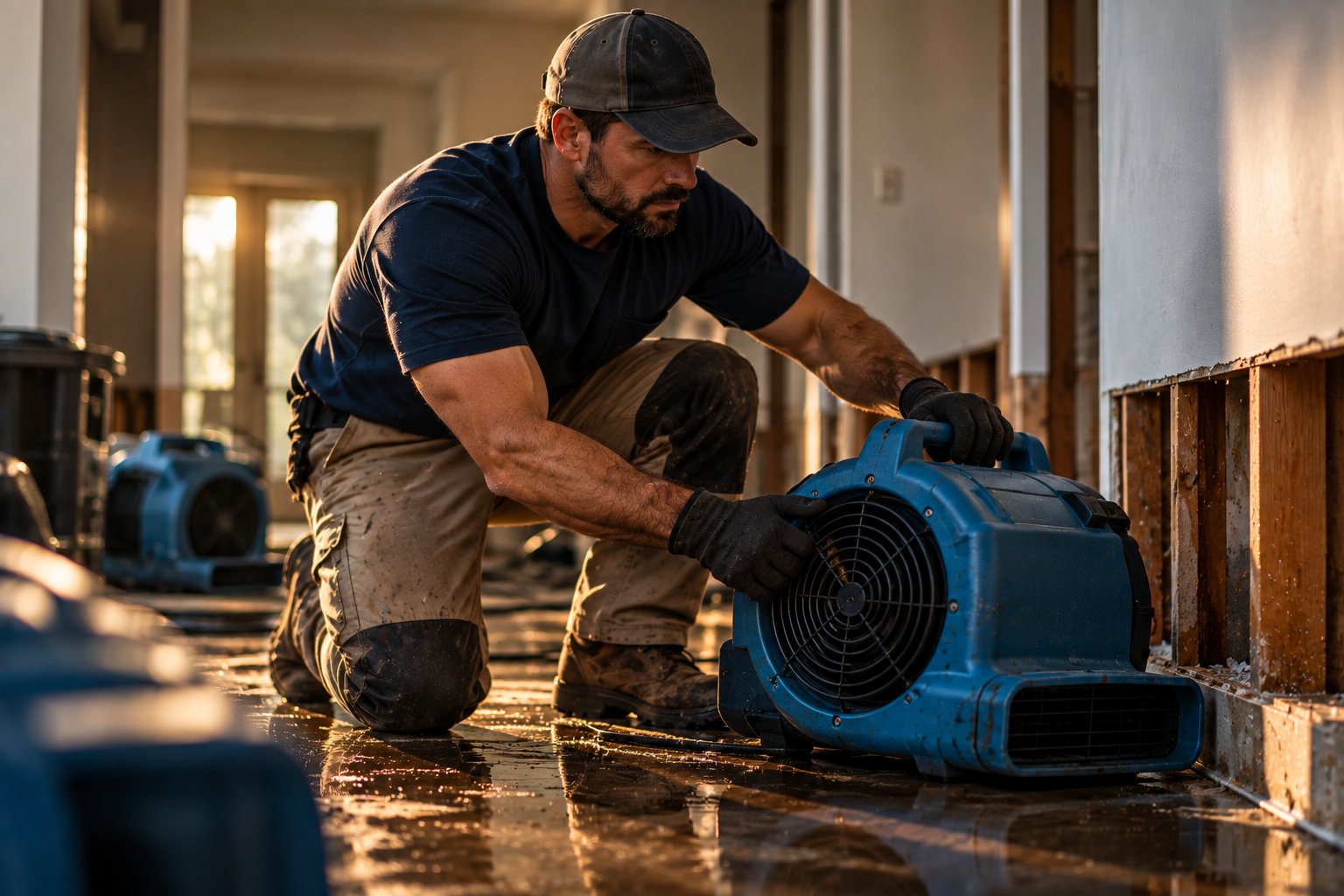 A U.S. military veteran working as a restoration crew member setting air movers in a water damaged room