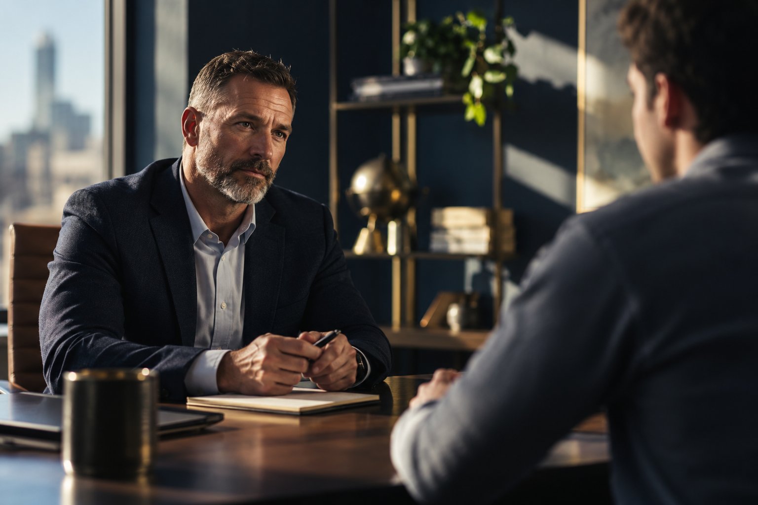 A U.S. military veteran working as a recruiter interviewing a candidate across a small table in a bright office