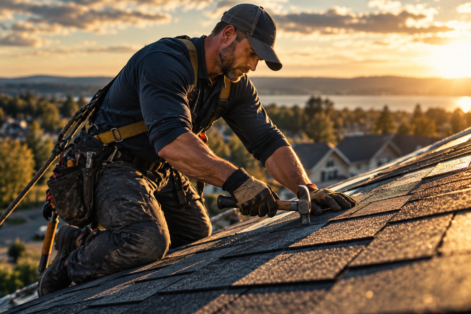 A U.S. military veteran working as a roofer setting shingles on a steep residential roof in late afternoon light