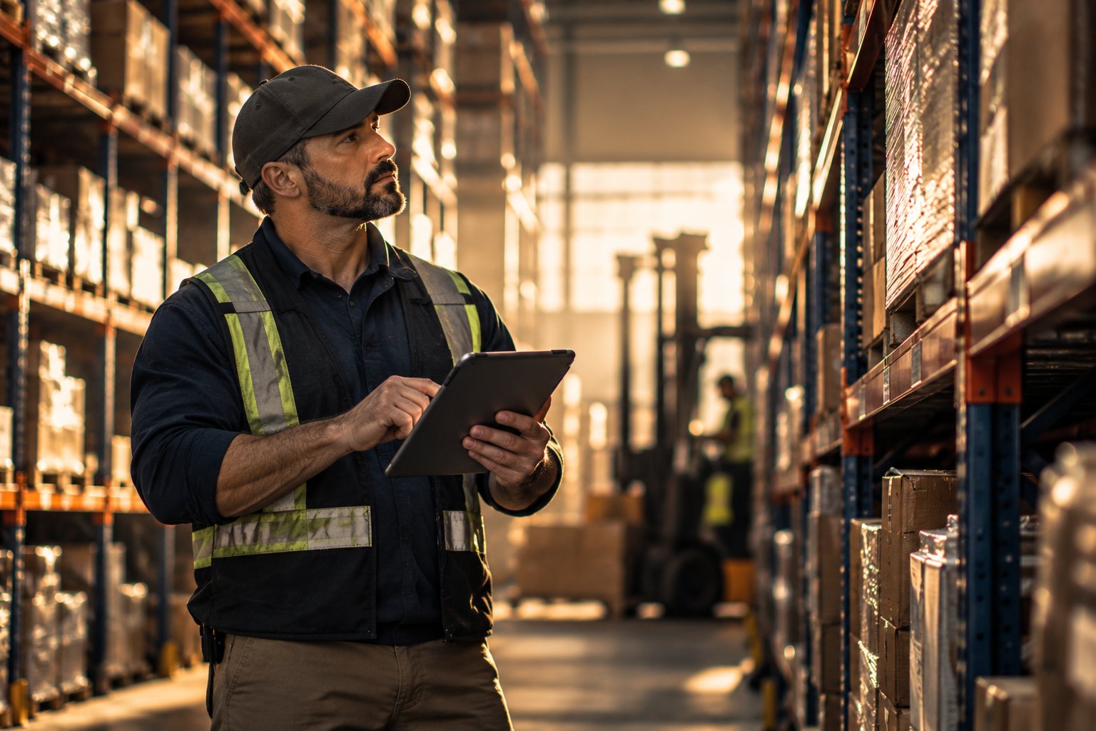 A U.S. military veteran working as a warehouse manager checking inventory on a tablet between tall racking aisles