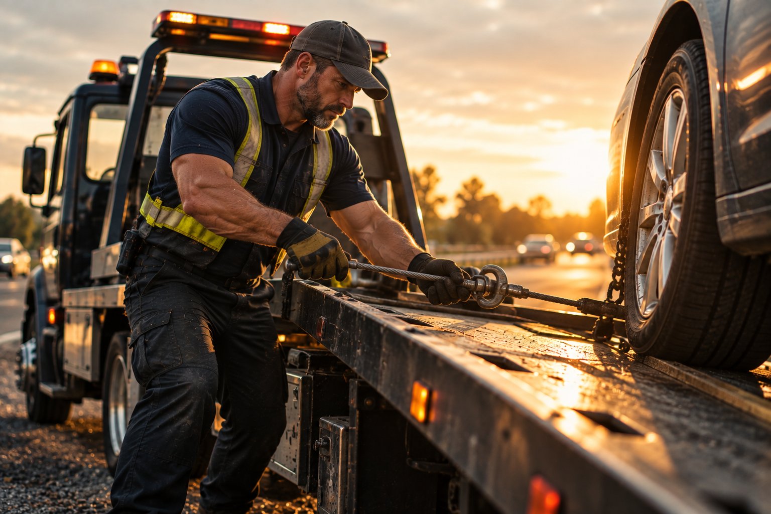 A U.S. military veteran working as a tow operator winching a sedan onto a flatbed on a roadside shoulder