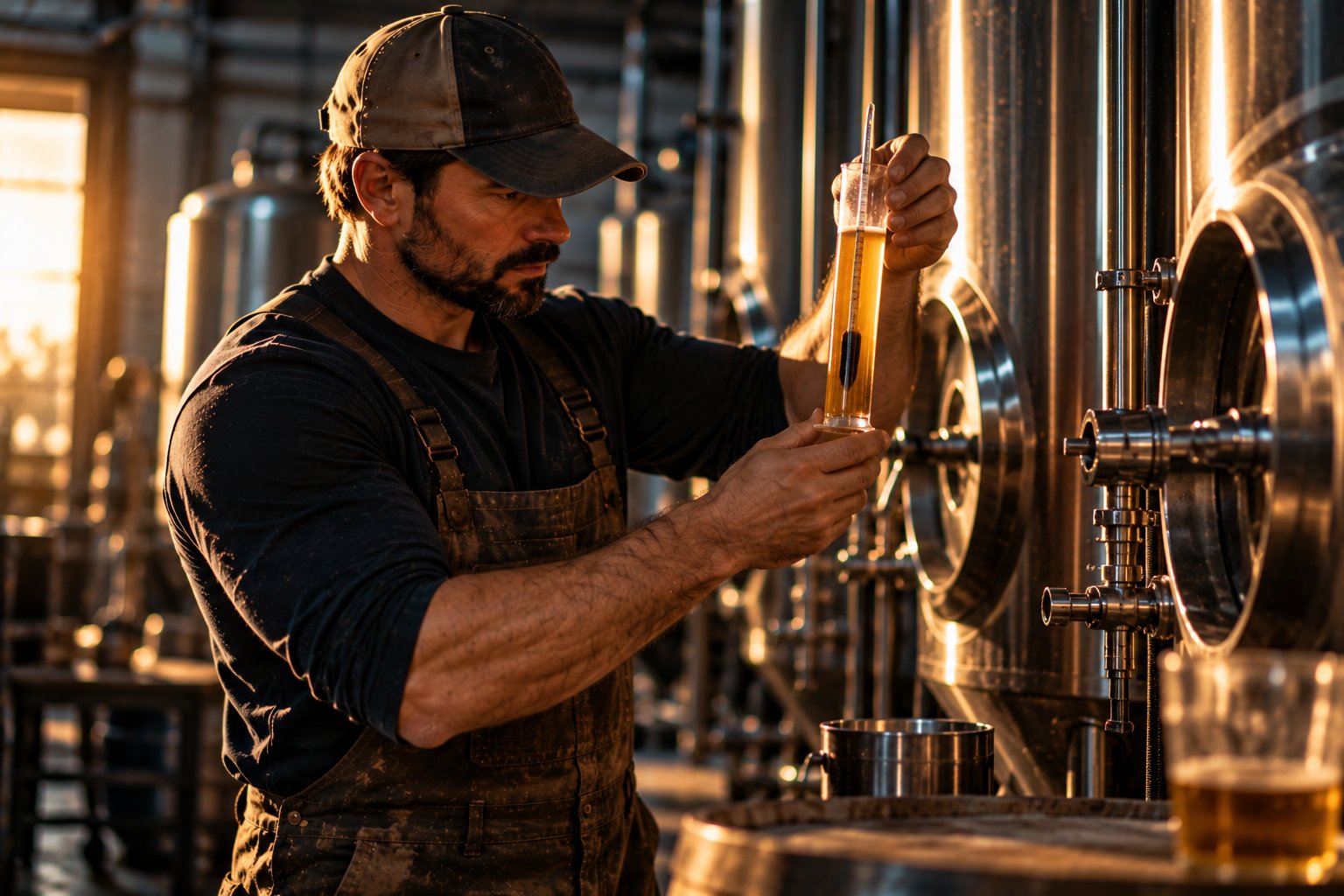 A U.S. military veteran working as a brewer checking a hydrometer beside stainless fermentation tanks