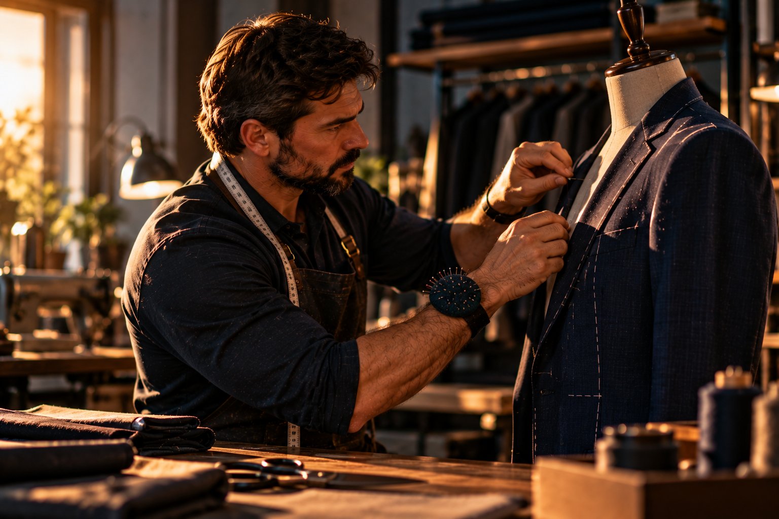 A U.S. military veteran working as a tailor pinning a jacket on a dress form in a small apparel workshop