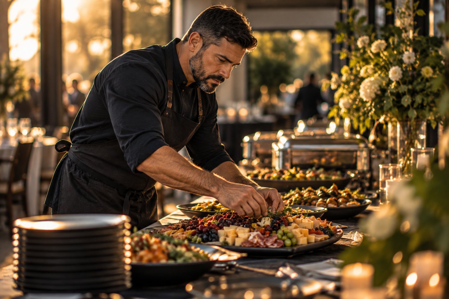 A U.S. military veteran working as a caterer arranging platters on a long buffet before an event