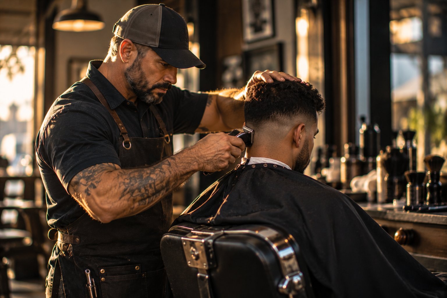 A U.S. military veteran working as a barber finishing a fade with clippers in a classic barbershop chair