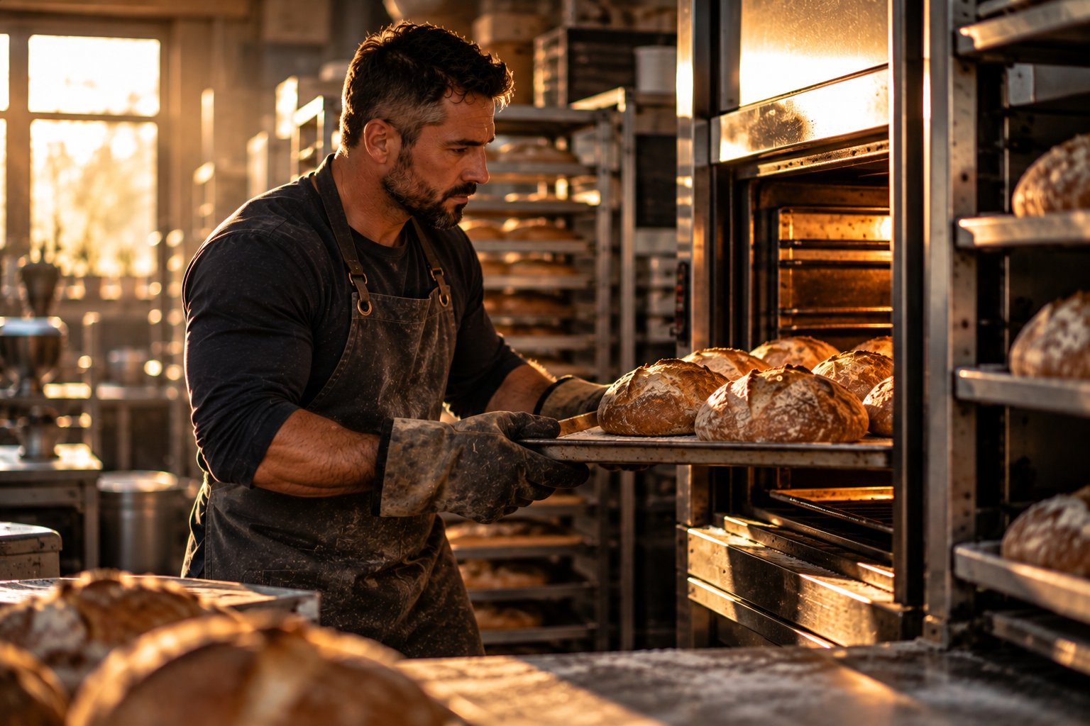 A U.S. military veteran working as a baker pulling trays of bread from an oven in an early morning bakery