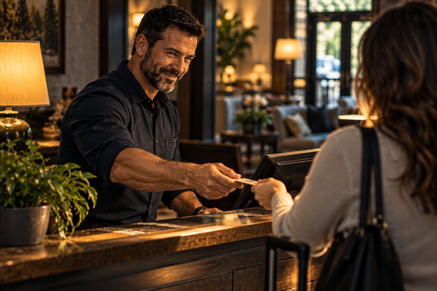 A U.S. military veteran working as an innkeeper welcoming a guest at the front desk of a small hotel lobby