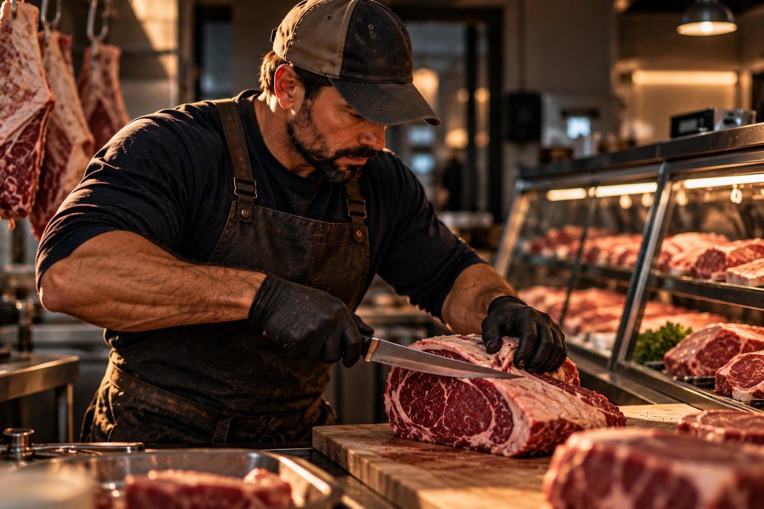A U.S. military veteran working as a butcher trimming cuts behind the case of a small meat market
