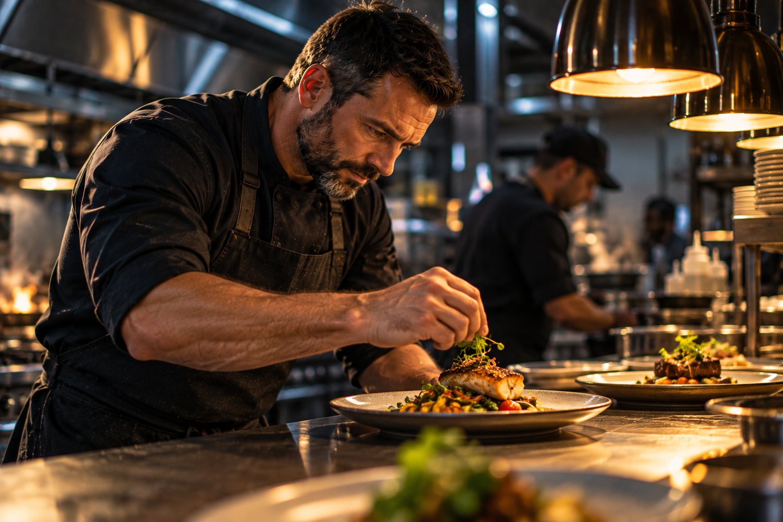 A U.S. military veteran working as a chef plating a dish on the pass of a busy restaurant kitchen