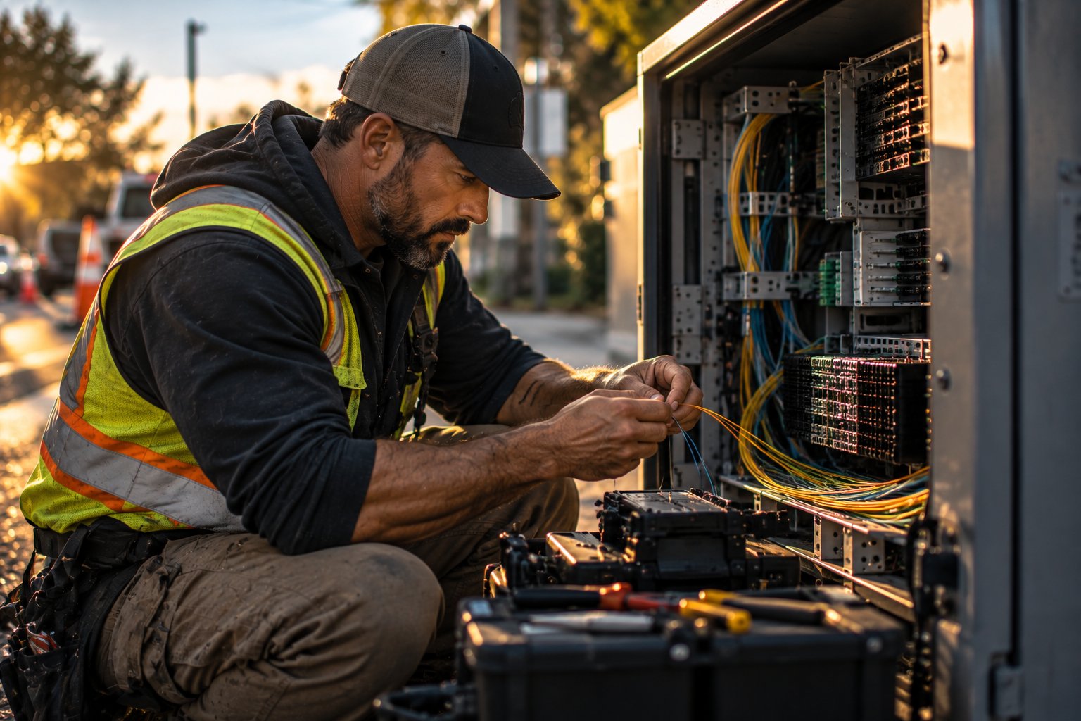 A U.S. military veteran working as a telecom lineman splicing fiber in an open street cabinet